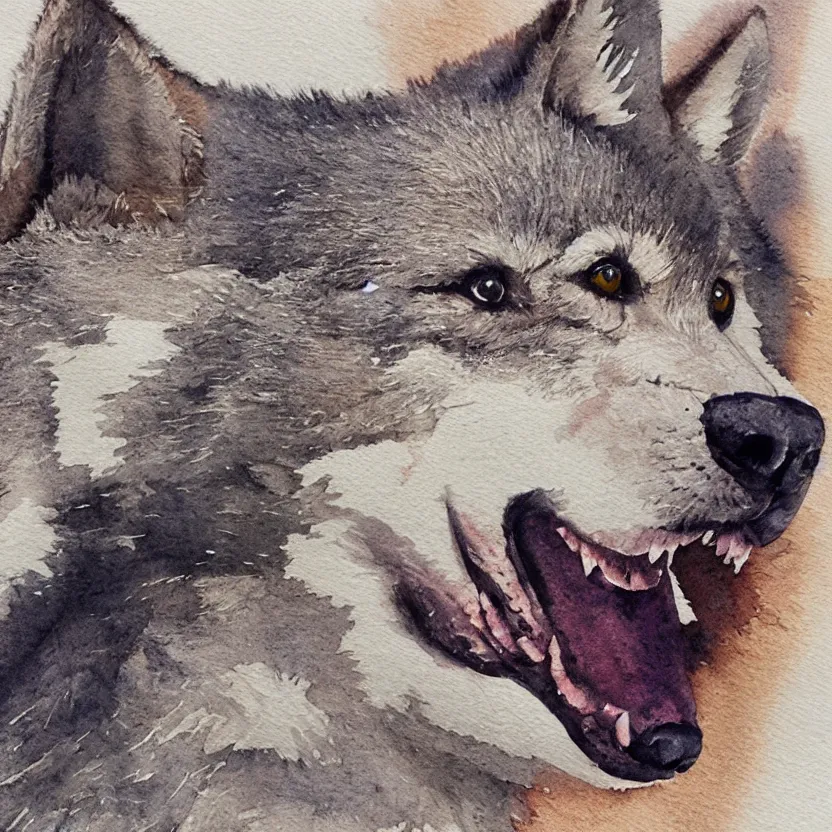 Prompt: detailed watercolor illustration of a cute and thoughtful wolf pup