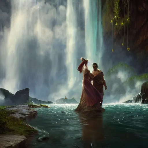 Prompt: an extremely detailed matte painting of a throuple dancing in a cavern behind a waterfall, epic fantasy, viewed in profile from far away, sharp focus, detailed face, art by greg rutkowski and alphonse mucha, volumetric lighting, 4 k resolution, trending on artstation, masterpiece