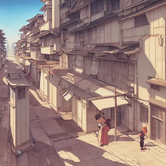 Image similar to empty japanese city, summer, in the style of studio ghibli, j. c. leyendecker, greg rutkowski, artem