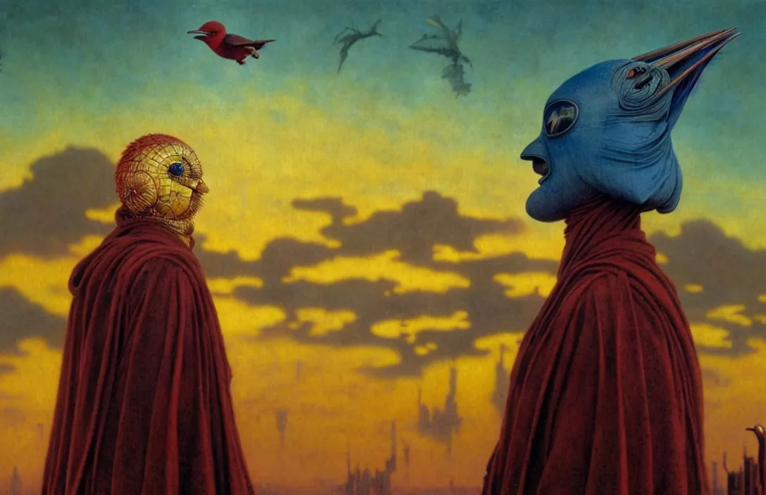 Image similar to realistic detailed portrait movie shot of a birdman wearing dark ragged robes, sci fi city sunset landscape background by denis villeneuve, amano, yves tanguy, alphonse mucha, ernst haeckel, max ernst, roger dean, masterpiece, rich moody colours, bird head, blue eyes