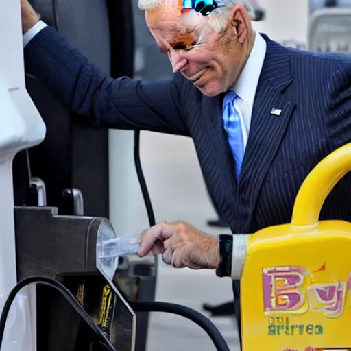 Prompt: joe biden at the gas station pumping gas into his mouth