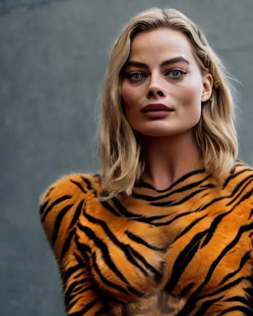 Prompt: A detailed photo of margot robbie wearing a tiger suit, detailed face, highly detailed, cinematic, full body shot, 4k, hd, sharp