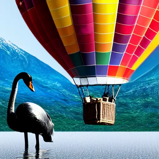 Image similar to realistic extremely detailed photo of a hot air balloon with a picture of two black swans swimming, touching heads, forming a heart with their necks flying above a reflective mountain lake, granular detail, holographic krypton ion, octane render, 4k, f32,55mm photography, wide angle