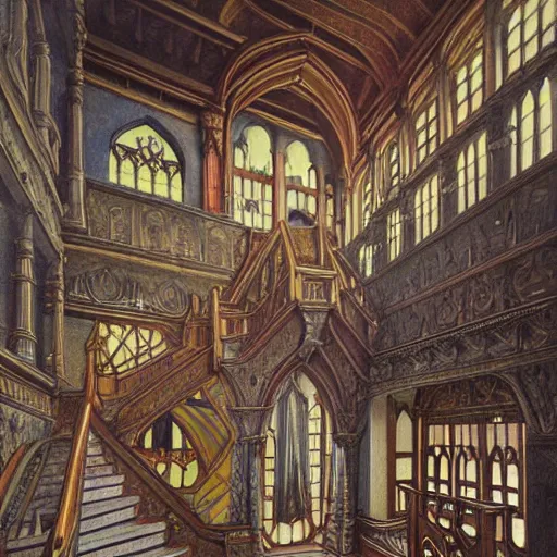 Prompt: main hall of a castle with dark wood trim and stained glass windows, impossible architecture, with a grand staircase that leads to many balconies, subtle lovecraftian vibes, looking upwards, hyper detailed ethereal, oil painting, colored, mc escher