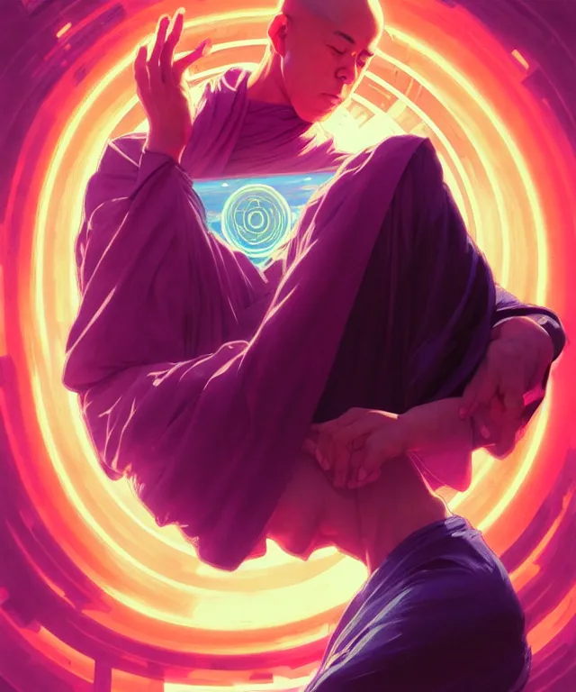 Image similar to a floating monk, meditating, wearing netrunner clothing, vaporwave aesthetic, colorful, psychedelic, digital painting, artstation, concept art, smooth, sharp focus, illustration, art by artgerm and greg rutkowski and alphonse mucha