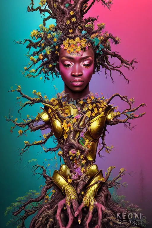 Image similar to illustration neo - rococo cinematic super expressive! yoruba goddess with exoskeleton armor, merging with tree in a forest, pink yellow flowers, highly detailed digital art masterpiece, smooth etienne sandorfi eric zener dramatic pearlescent soft teal light, ground angle hd 8 k, sharp focus