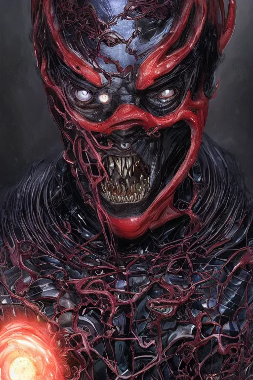 Image similar to Portrait of Steve Buscemi as symbiote Carnage, marvel comics, dark, intricate, highly detailed, smooth, artstation, digital illustration by Ruan Jia and Mandy Jurgens and Artgerm and Wayne Barlowe and Greg Rutkowski and Zdislav Beksinski