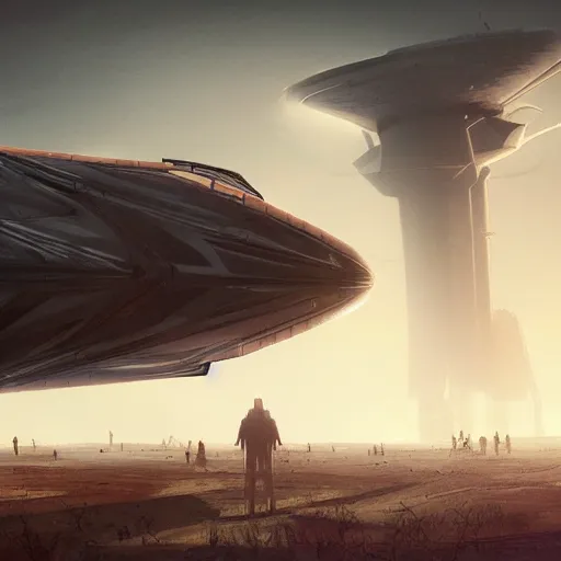 Image similar to thousands of people next to a big spaceship, artstation