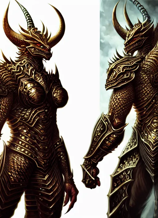 Image similar to intricate ornate armor!! muscular and tall humanoid dragon!!!! draconian!! character concept art, sharp focus, octane render! unreal engine 5! highly rendered!! trending on artstation!! detailed linework!! illustration by artgerm, wlop, and chie yoshii