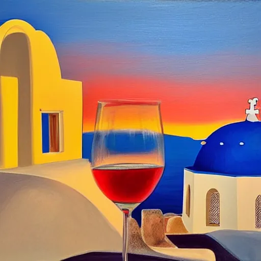 Prompt: painting of beautiful sunset on santorini with a glass of white wine