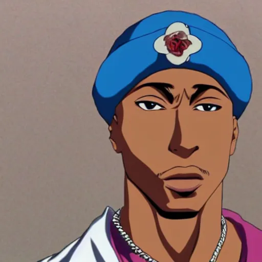 Image similar to Tupac Shakur, screenshot from a 2012s anime