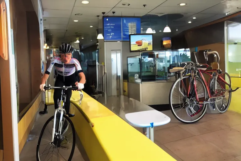 Prompt: cyclist in toilet!!! inside mcdonalds is eating donuts!!! and drinking yerba!!! mate