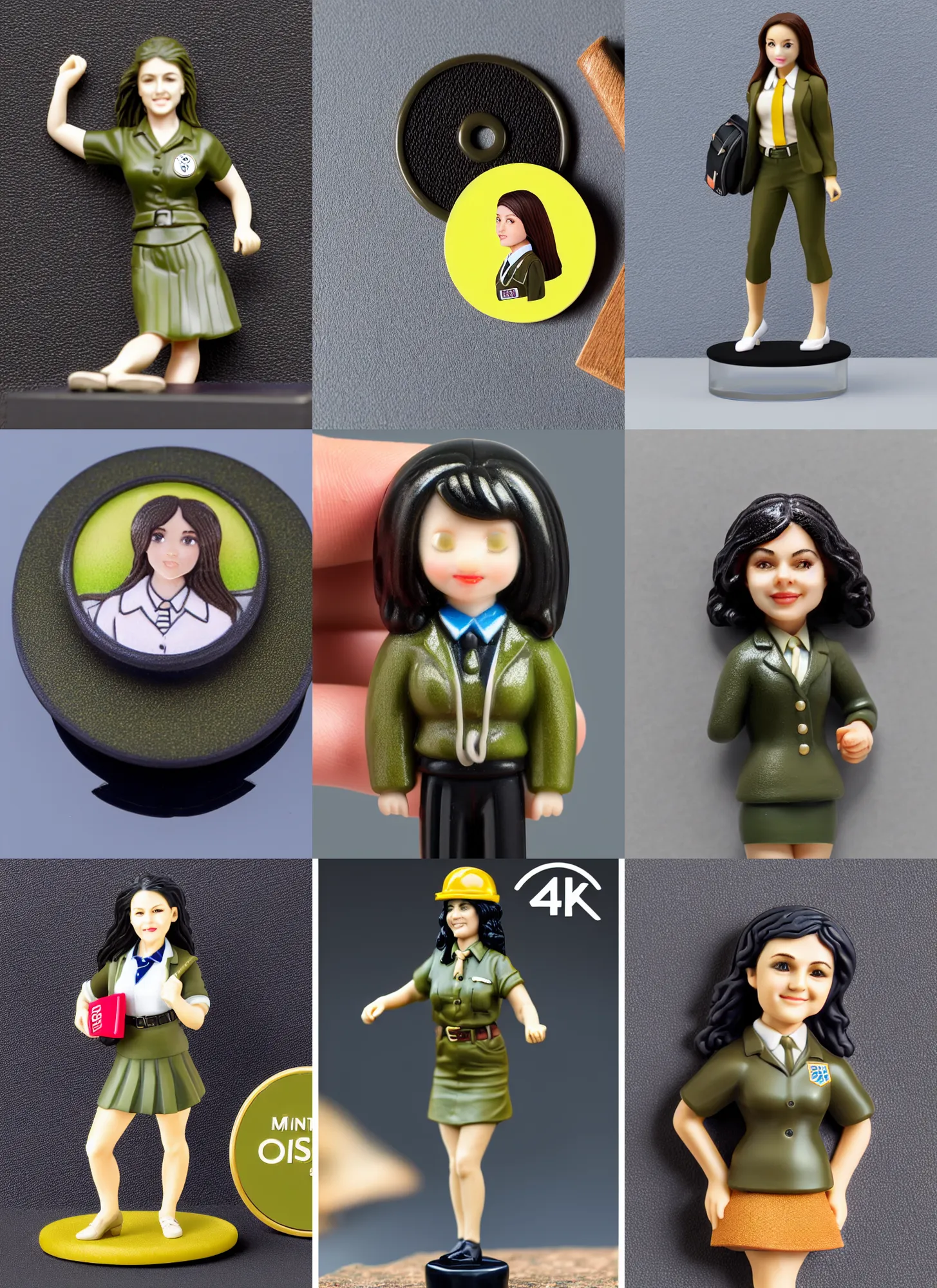 Prompt: 80mm resin detailed miniature of a female, olive skin, school uniform, long black hair, school bag, on textured disc base, Company logo in upper left corner; Miniature product Photo, 4K, Full body