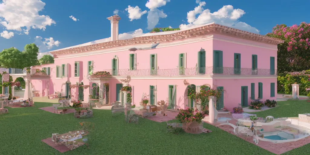 Prompt: 3D render of an Italian villa with an ice cream scoop as the roof, pastel colors, 8k, hd, bloom effect