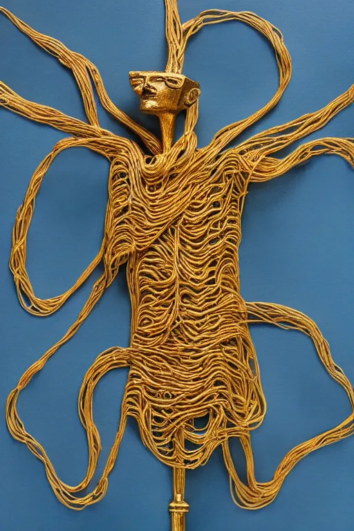 Prompt: ancient egyptian spaghetti god, holy regal spaghetti creature, intricate statue, gold, spaghetti face, detailed realistic painting, 4 k