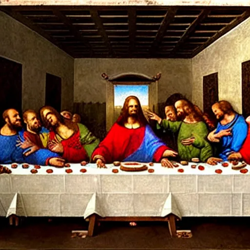 Image similar to an American comic book panel of The Last Supper by Leonardo da Vinci