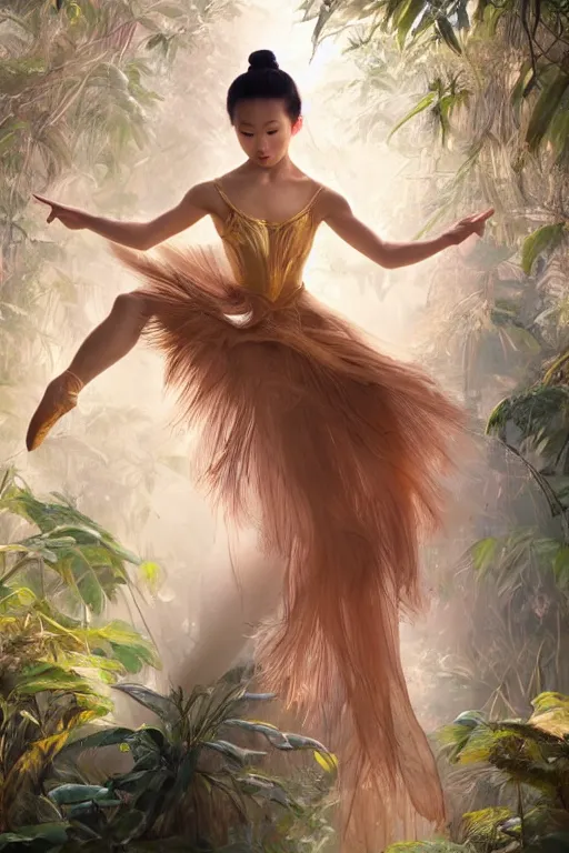 Image similar to stunningly beautiful, asian prima ballerina in jungle, symmetrical face, golden hour, smooth, focus, highly detailed, hyper realistic, dramatic lighting, elegant, intricate, concept art, art by wlop, mars ravelo, greg rutowski