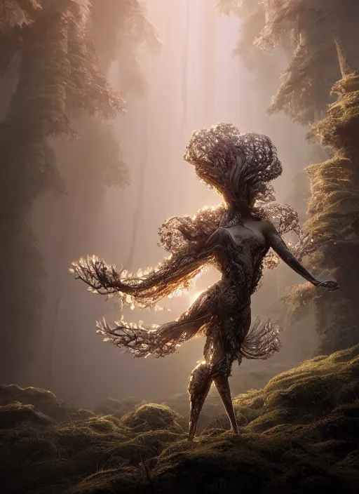 Image similar to beauteous nebular biomechanical incredible hair, crystalline masterpiece incrustations, hyperdetailed face, flippered feet, elegant pose, movie still, intricate, octane render, cinematic forest lighting, cgsociety, unreal engine, crepuscular rays, god rays, caustic shadows lighting