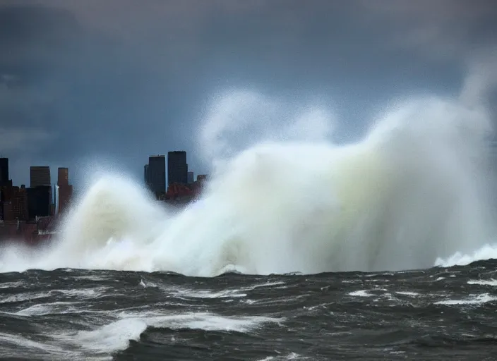 Prompt: Color photograph of a large wave crashing into the Manhattan skyline, doomsday, epic lighting