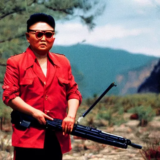 Prompt: filmstill of Kim Jong-il wearing a red bandana and aiming an arc in the role of Rambo, cinemascope, Eastman Color Negative 50T 5251 Neg. Film