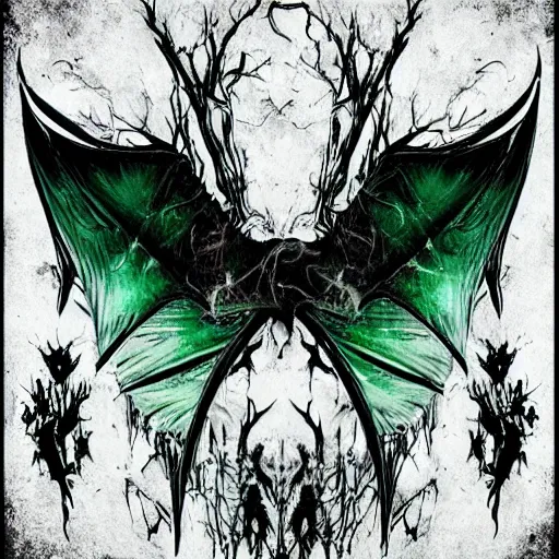 Prompt: pale decaying queen, crown of evil, devil bat wings, cinematic horror movie, dark liminal hell, emerald flames, lies in beauty evil