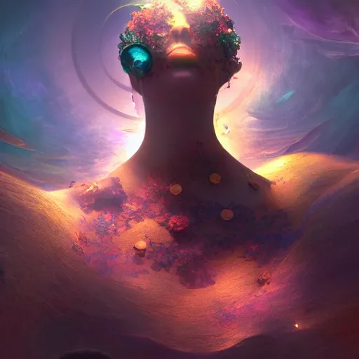 Image similar to within a flower the whole and finite capsule apparent with awe the apparition, an idea seep's into infinity highly detailed in volumetric latent space, golden turquoise steampunk, high contrast cinematic light, mystical shadows, sharp focus, divine realm of gods, octane render, artist by greg rutkowski,