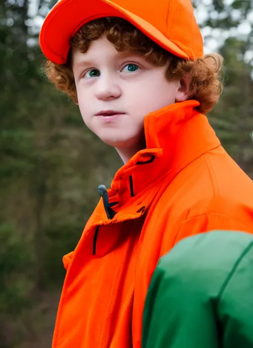 Prompt: portrait photo still of real life young kyle broflovski wearing an orange jacket and green hat, 8 k, 8 5 mm, f. 1 4