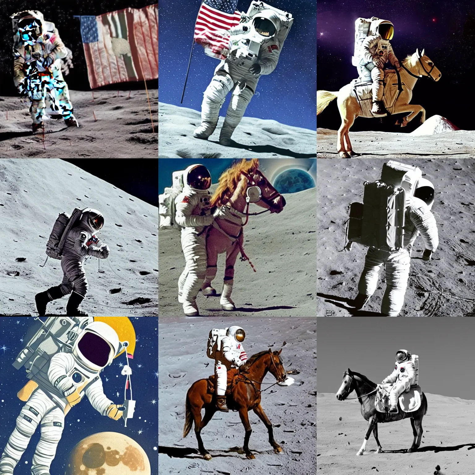Prompt: astronaut on the moon, astronaut is carrying a pony horse, horse is sitting on the backpack of astronaut,