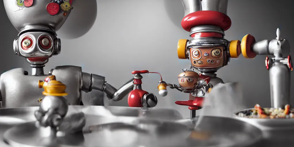 Prompt: closeup portrait of tin toy retro robot chef mixing chemicals cooking pastry in a kitchen, depth of field, zeiss lens, detailed, centered, fashion photoshoot, by nicoletta ceccoli, mark ryden, lostfish, breathtaking, 8 k resolution, extremely detailed, beautiful, establishing shot, artistic, hyperrealistic, octane render