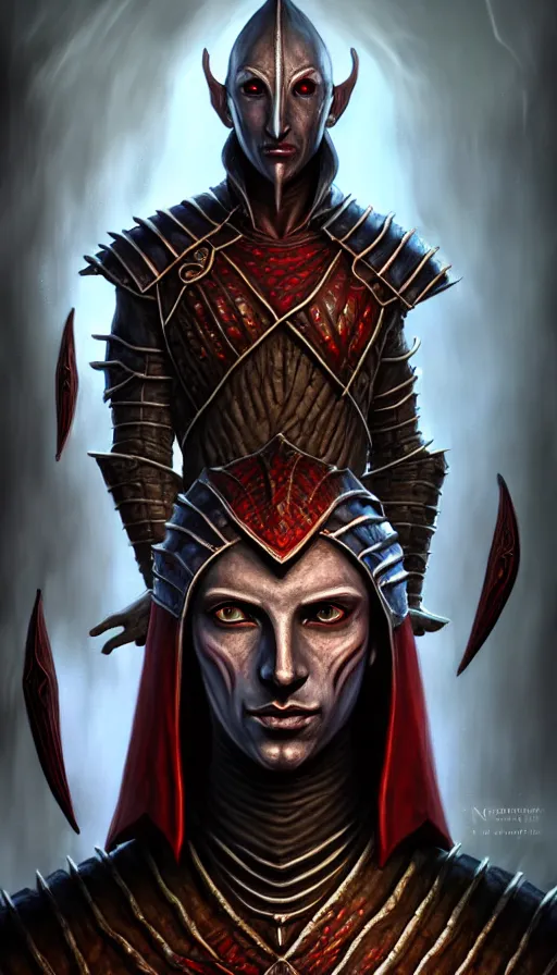 Image similar to hyperrealistic full body image of morrowind dunmer male nerevarine in front of balmora, red eyes, 3 / 4 portrait, symmetrical face, handsome face, full body dnd character portrait, medieval armor, morrowind armor, oblivion armor, skyrim armor, eso armor, intricate, highly detailed, elegant, 4 k, artstation, deviantart