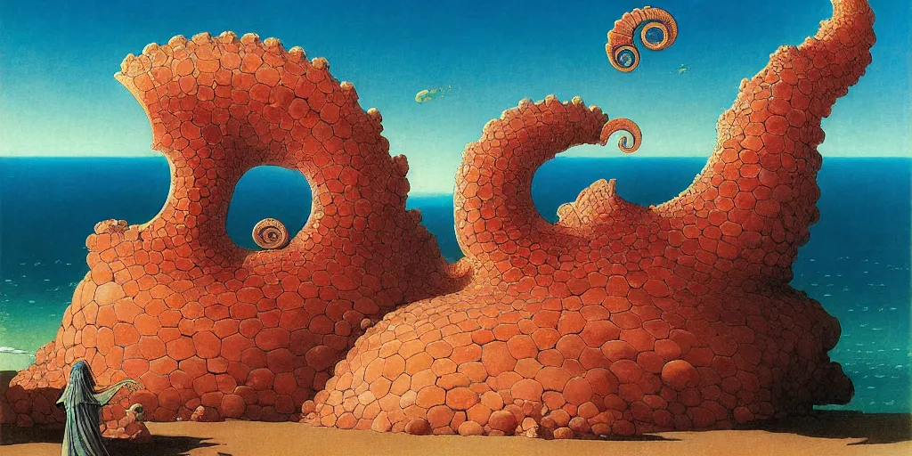 Image similar to the ammonite sorceress clad in coral armor exacts revenge on the child's sand castle send wondrous waves of destruction onto the irreverent land by kawase hasui, dorothea tanning, moebius, edward hopper and james gilleard, aivazovsky, zdzislaw beksinski, steven outram colorful flat surreal design