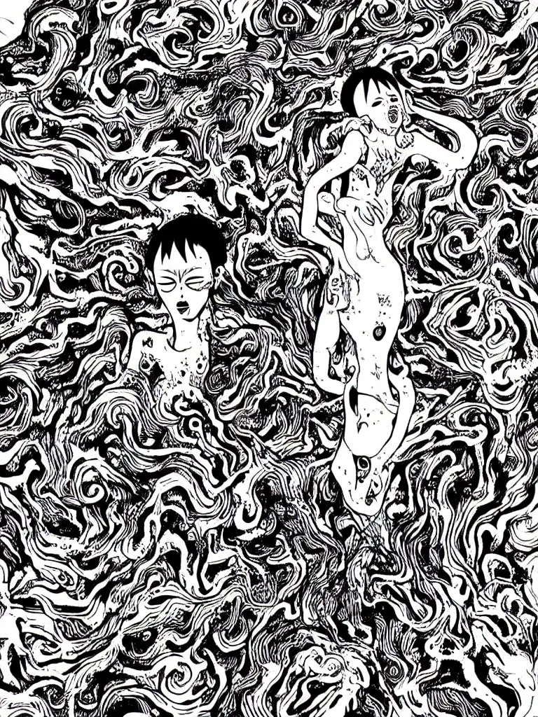 Image similar to black and white illustration creative design junji ito body horror psychedelic