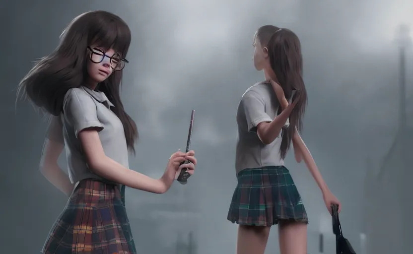 Image similar to school girl in action pose, gloomy and foggy atmosphere, octane render, cgsociety, artstation trending, horror scene, highly detailded