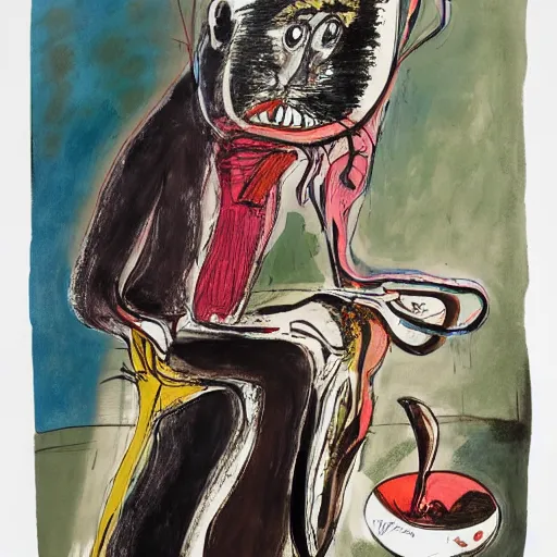 Image similar to a detailed painting of a man with a cat on his back by gerald scarfe and ralph steadman