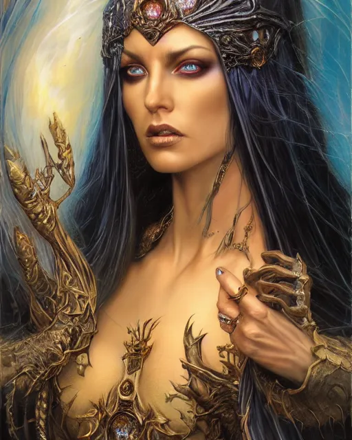 Image similar to a highly detailed airbrush painting of an evil female fantasy sorceress with piercing beautiful eyes art by karol bak and donato giancola and mark brooks, centered, full size, hires, 4 k, high resolution, sharp focus