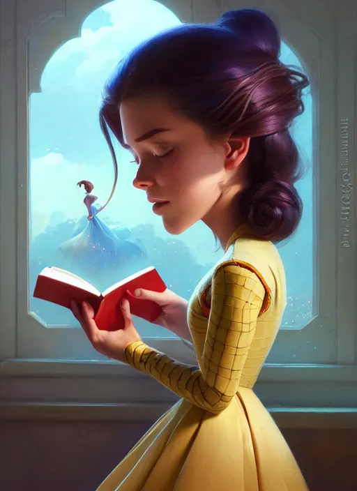 Image similar to highly detailed portrait of beautiful girl reading a book in toy story 3, dynamic pose, stephen bliss, unreal engine, fantasy art by greg rutkowski, loish, rhads, ferdinand knab, makoto shinkai and lois van baarle, ilya kuvshinov, rossdraws, tom bagshaw, global illumination, radiant light, detailed and intricate environment