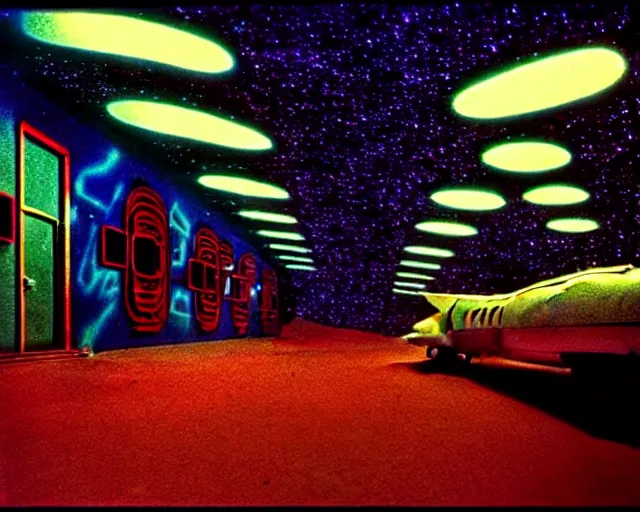 Prompt: interior shot of a space port at night, retro punk, cinematography by Jim Jarmusch, composition by Hale Woodruff,in the style of robert doisneau, grafitti by Aphex Twin, background by Moebius.