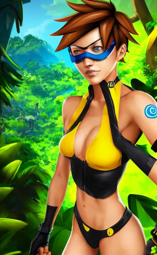 prompthunt: tracer game character, in yellow bikini, blonde hair