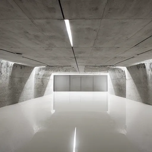 Image similar to underground flooded concrete structure, minimalist architecture, surreal, liminal space, angled walls, high ceiling,