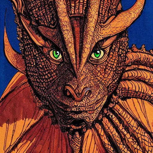 Image similar to portrait of dragon from shrek by Philippe Druillet