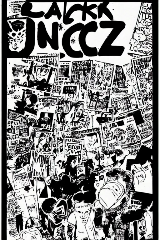 Prompt: scan of of an underground zine, 1 9 8 0 s, black and white, diy, comic art, underground, punk, typography, composition