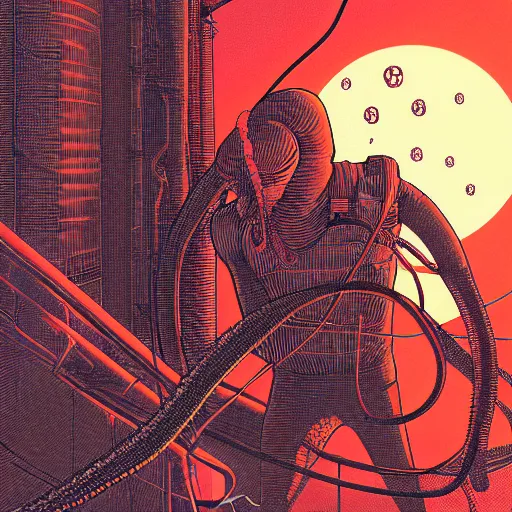 Prompt: Octopus on a spacewalk, Industrial Scifi, detailed illustration, techwear, Chiaroscuro, character portrait, by Martin Grip and Moebius