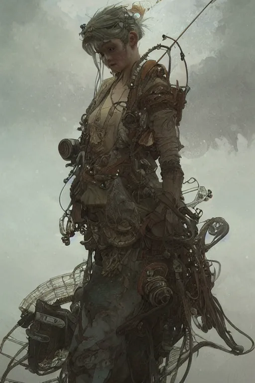 Image similar to A full portrait of a beautiful post apocalyptic deep sea fisherman, intricate, elegant, highly detailed, digital painting, artstation, concept art, smooth, sharp focus, illustration, art by Krenz Cushart and Artem Demura and alphonse mucha