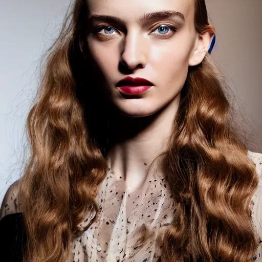 Prompt: A beautiful portrait of Daria Strokous as a model at Maybelline fashion show as a model Spring/Summer 2018, highly detailed, in the style of cinematic, Milan fashion week backstage, Extreme close up, Makeup by Pat McGrath, Hair by Guido Palau