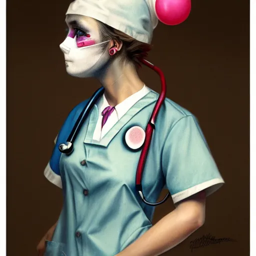 Image similar to clowncore pastel punk young hospital nurse wearing stylish uniform. detailed, portrait, 8 k, artwork by jean - baptiste monge