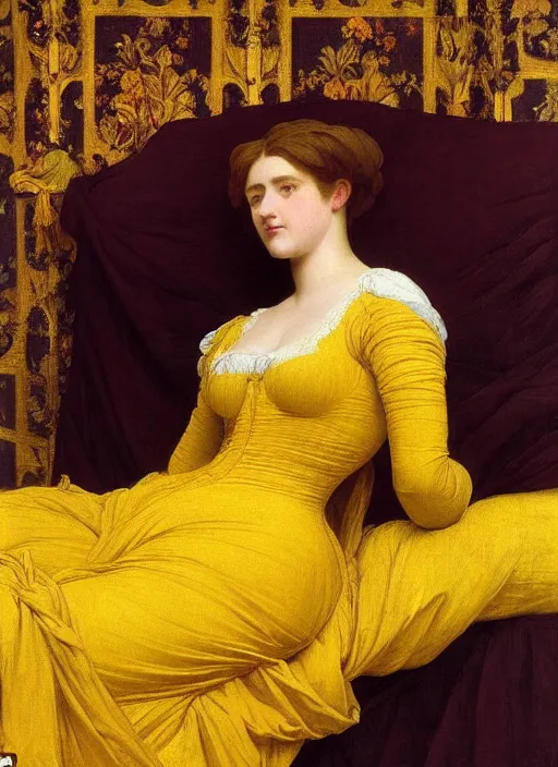 Image similar to masterpiece portrait of lady reclining on bed wearing yellow ochre ornate medieval dress, vertical, foreshortening, colour photography by frederic leighton, william morris, 8 k