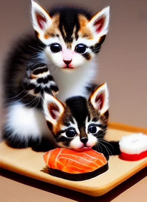 Image similar to clear photorealistic picture of adorable kittens made out of sushi