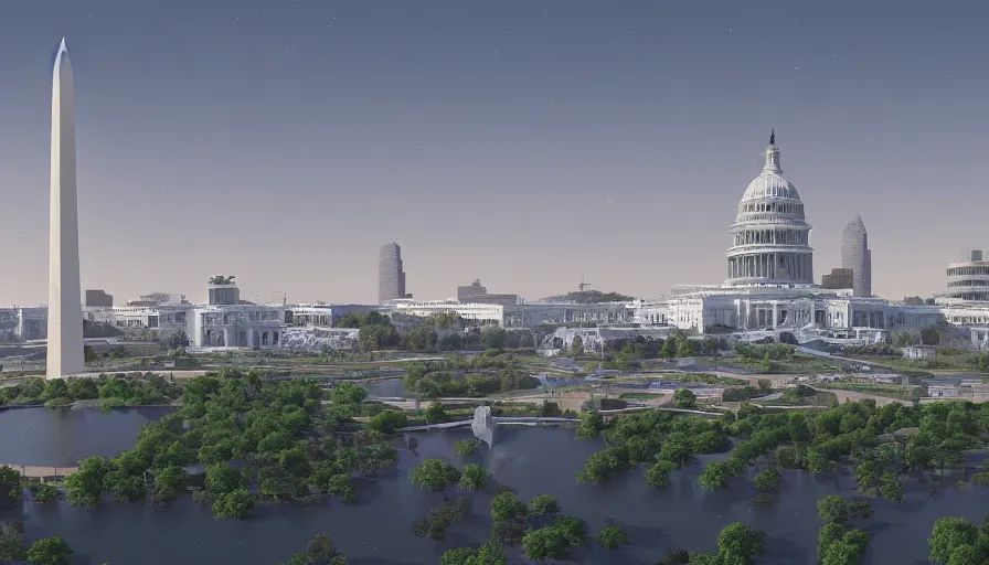 Prompt: futuristic washington dc with humongous glass buildings, big capitol, giant white house, gigantic park with a lake, hyperdetailed, artstation, cgsociety, 8 k