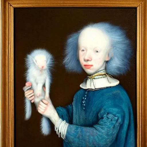 Prompt: “ a portrait of a blue haired girl holding an albino rat, very detailed, oil painting, dark background, style of rembrandt ”