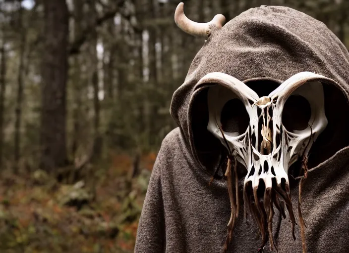 Prompt: character and environment photography, portrait 2 0 - year - old male druid wearing a cow skull mask but rat skull, biomechanical tattered hood and robe, infested bear standing, medium shot, wide angle, 2 0 0 px, low key